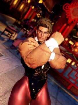 1boy 1human 3d 3d_(artwork) 3d_model blonde_hair blue_eyes bunny_ears bunnysuit capcom flexing flexing_arm luke_sullivan male male_only muscular oirandrive scar_on_face solo solo_focus solo_male street_fighter street_fighter_6