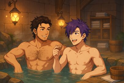 bathing chest_hair claude_von_riegan facial_hair fire_emblem gay shez_(fire_emblem) shez_(fire_emblem)_(male)
