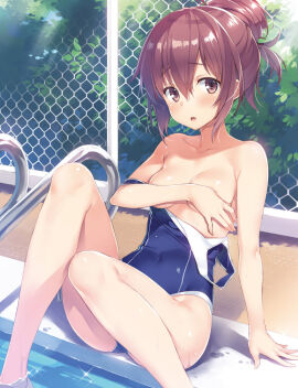 areola_slip arm_covers_breast ass_visible_through_thighs bare_legs bare_shoulders belly_button_visible_through_clothing blush breasts brown_eyes brown_hair collarbone covering_breasts dengeki_moeou embarrassed female hair_bun one-piece_swimsuit open_mouth outdoors pool_ladder poolside shiny_skin sitting small_breasts soaking_feet strap_slip swimsuit swimsuit_down thighs yuuki_hagure