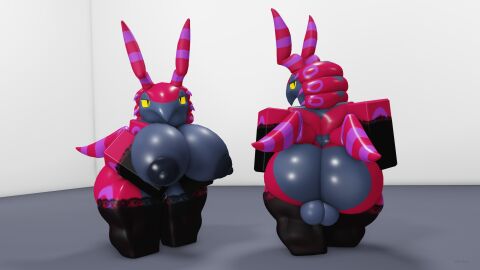 3d antennae_(anatomy) anthro areola arthropod ass balls big_ass big_breasts big_butt black_areola black_nipples breasts clothing dark_areola digital_media_(artwork) duo female generation_5_pokemon genitals grey_body hi_res lace legwear looking_at_viewer male markings multicolored_body nintendo nipples pokemon pokemon_(species) presenting presenting_breasts presenting_hindquarters red_body roblox robloxian scolipede simple_background widescreen willie_piv yellow_eyes