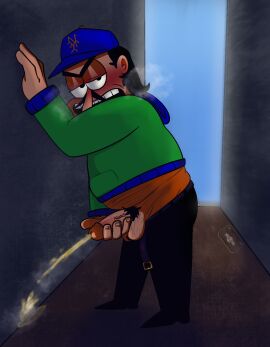 1boy balls belt blush caught_in_the_act exhibitionism hairy_balls holding_penis looking_at_viewer male male_only matchabunns maurice_spaghetti peeing penis peppino_spaghetti pissing_on_floor pizza_tower solo toony toony_face