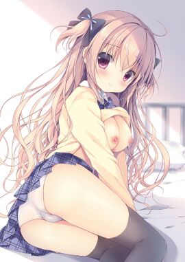 ass bed big_breasts black_thighhighs blonde_hair blush breasts breasts_out doujin_cover doujinshi female little_sister long_hair miyasaka_miyu mouth_closed nipples original panties purple_eyes ribbons rina_(canvas+garden) school_uniform shirt_up sitting skirt smile thighhighs thighs white_panties