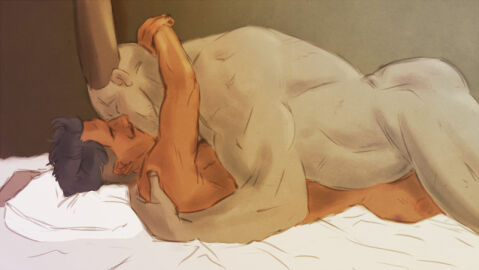 2boys anthro arms_around_neck ass ass_cleavage bald bara beard_stubble black_hair canon_couple closed_eyes couple cuddling curvy curvy_body cute dark-skinned_male dark_hair dark_skin dorian_pavus dragon_age dragon_age_inquisition duo facial_hair gay gay_male grey_body grey_skin horn horns human interspecies iron_bull kissing lying lying_down lying_on_back lying_on_person mage male male/male male_only moustache no_visible_genitalia pansexual_male pointy_ears qunari romantic romantic_couple size_difference sometrashland stubble video_games yaoi