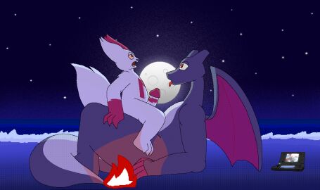 anthro beach charizard cowgirl_position digital_media_(artwork) duo female fire flipnote_studio_(artwork) flipnote_studio_3d_(artwork) flipnotecreation from_front_position generation_1_pokemon generation_3_pokemon illuminated light looking_pleasured lying male male/male moon moonlight nintendo nintendo_3ds nintendo_ds nintendo_ds_family on_back on_bottom on_top pokemon pokemon_(species) sea sex star tongue tongue_out water zangoose