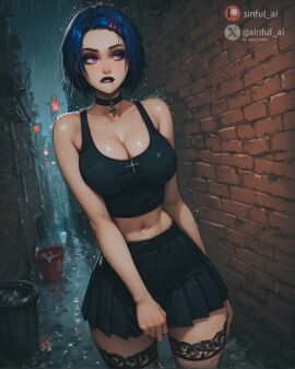 ai_assisted aisinful alley big_breasts breasts cleavage clothing female goth goth_girl hi_res huge_breasts large_breasts sairenji_haruna skirt stockings thick_thighs thighhighs to_love-ru wide_hips