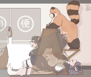 anal anal_sex anthro ass ass_up awa_awa black_body blush bodily_fluids bondage bondage_furniture canid canine chained chains closed_eyes cuff_(restraint) cum cum_in_ass cum_inside cum_on_belly cum_on_body cum_splatter doggy_style dragon erection facial_scar flaccid foreskin from_behind_position genital_fluids genitals group hair hi_res inside lifewonders looking_pleasured lying lying_on_partner male male/male mammal moritaka_(tas) multicolored_body mythological_creature mythological_scalie mythology nose_scar nude on_front orange_body overweight partially_retracted_foreskin peeing peeing_while_penetrated penetration penis penis_backwards penis_on_belly public public_use raccoon_dog restraints retracted_foreskin scalie scar sex shackles side_view signature standing tears tokyo_afterschool_summoners tongue tongue_out translucent trio two-tone_body uncircumcised unretracted_foreskin urine urine_in_mouth urine_stream watersports white_body