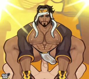 2boys abs anal anal_sex artist_name bara capcom chest_hair dark_skin facial_hair gay male male_focus male_only muirobara muscular muscular_chest muscular_male nipples pecs penis rashid riding_penis sound street_fighter text thong underwear video yaoi