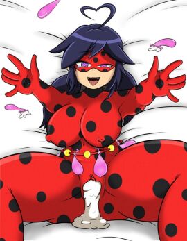1girls ahoge bed_sheet big_boobs big_breasts big_nipples bodysuit breasts condom condom_belt cum cum_in_pussy erect_nipples erect_nipples_under_clothes female fucked_through_clothes gloves heart heart-shaped_pupils heart_ahoge hourglass_figure ladybug_(character) large_breasts long_hair marinette_cheng_(pv) marinette_dupain-cheng marinette_dupain-cheng_(pv) mask miraculous:_tales_of_ladybug_and_cat_noir miraculous_ladybug nipples open_mouth polka_dot pussy smile solo thick_legs thick_thighs tongue tongue_out used_condom