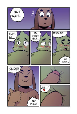 anal anal_sex anthro anthro_on_anthro anthro_penetrated anthro_penetrating anthro_penetrating_anthro blush brown_body brown_fur canid canine canis closed_eyes comic defloration dialogue domestic_cat domestic_dog duo english_text felid feline felis fur genitals gesture green_body green_fur hand_gesture hi_res humanoid_genitalia humanoid_penis long_ears male male/male male_penetrated male_penetrating male_penetrating_male mammal multiple_scenes nervous nipples penetration penis roy_(t0l0k) seven_frame_image sex speech_bubble t0l0k ted_(t0l0k) text thumbs_up whiskers