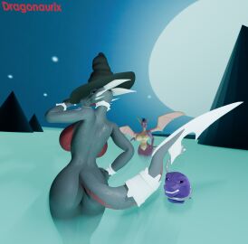 3d activision anthro ass big_ass big_breasts big_butt blade breasts clothing corrupt_cynder cynder digital_media_(artwork) dragon dragon696 dragonaurix ember_(spyro) fangs female group halloween hat headgear headwear hi_res holidays horn looking_at_viewer looking_back magic_user male male/female moon mountain mythological_creature mythological_scalie mythology night nipples nude nude_anthro nude_female open_mouth scalie smile smirk spyro spyro_the_dragon surprised surprised_expression tail tattoo teeth thick_thighs trio wings witch witch_hat