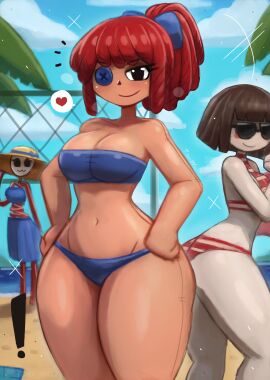 ! 3girls :3 absurdres ass barefoot beach beach_towel bikini black_eyes blue_bikini blue_bow blue_skirt blush blush_stickers bow breasts brown_hair button_eyes buttons cleavage cloud collarbone doll gangle_(the_amazing_digital_circus) glitch_productions hairbow hands_on_own_hips hat heart highres long_hair looking_at_viewer mask medium_breasts multiple_girls navel ocean pale_skin pomni_(the_amazing_digital_circus) ponytail ragatha_(the_amazing_digital_circus) ragdoll red_bikini red_hair red_ribbon ribbon sand short_hair skirt sky smile sparkle speech_bubble spoken_heart standing striped_bikini striped_clothes sun_hat sunglasses swimsuit the_amazing_digital_circus theatre_mask thick_thighs thighs tony_welt towel volleyball_net water white_mask wide_hips yellow_hat