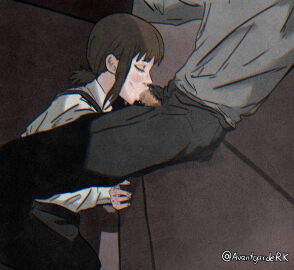 avant_garde_(artist) avantrk blowjob brown-haired_female brown_hair chainsaw_man closed_eyes cockwarming female higashiyama_kobeni under_the_table