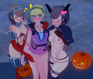 aigis_(persona) blonde_hair breasts breasts_out brown_hair cosplay embarrassed exclamation_point female halloween high_cut_armor jack-o'-lantern kairi_(cosplay) kingdom_hearts kingdom_hearts_iii koikatsu kotone_shiomi lifted_skirt minako_arisato musical_note no_panties persona persona_3 skimpy_costume succubus_horns trick_or_treat yukari_takeba