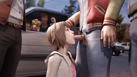 1girls 3d 4boys blowjob brown_hair clothed cuckold cum cum_on_face eye_contact fellatio female jock koomer life_is_strange logan_robertson male max_caulfield nathan_prescott public warren_graham