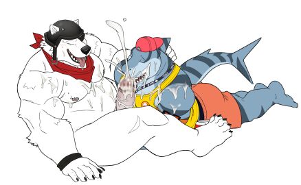 2boys absurd_res anthro bear bodily_fluids closed_eyes clothing cum cum_in_mouth cum_inside cum_on_self duo ejaculation epic_games fish fortnite gay genital_fluids genitals hi_res humanoid_genitalia humanoid_penis licking looking_at_another lying male male/male mammal marine muscular on_front open_mouth open_smile oral penile penis penis_lick polar_bear polar_patroller safety_first_steve sex seyrmo shark sitting smile tongue tongue_out ursine