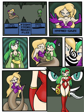 blonde_hair blue_eyes chaoscroc cleavage comic corruption enemy_conversion female femsub final_fantasy final_fantasy_iv gameplay_mechanics green_eyes green_hair hypnosis hypnotic_eyes lamia long_hair mind_control naga rydia