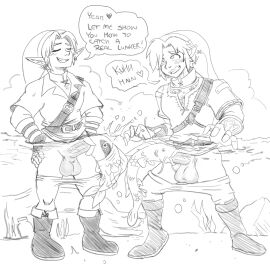 2022 absurd_res ambiguous_gender balls belt blush boots bottomwear bottomwear_down closed_eyes clothed clothing dialogue english_text erection father_and_son fellatio feral fish fishjob footwear genitals grin hat headgear headwear heart_symbol hi_res humanoid humanoid_genitalia humanoid_on_feral humanoid_penis hylian interspecies larger_humanoid link link_(ocarina_of_time) link_(twilight_princess) looking_pleasured male male/ambiguous marine nintendo ocarina_of_time open_mouth oral pants pants_down partially_clothed penile penis pervypocket sex size_difference smaller_feral smile standing teeth text the_legend_of_zelda twilight_princess vein veiny_penis water zoophilia