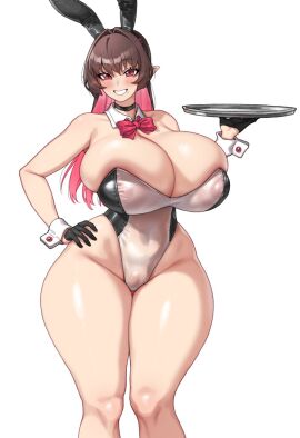 animal_ear_hairband animal_ears b_o_x black_choker black_gloves black_hairband blush bow bowtie box20502017 breasts brown_hair cameltoe choker choppy_bangs cleavage colored_inner_hair commentary covered_erect_nipples cowboy_shot curvy detached_collar fake_animal_ears female gigantic_breasts gloves hair_between_eyes hair_intakes hairband hand_on_own_hip highleg highleg_leotard highres holding holding_tray knees leotard long_hair looking_at_viewer mole mole_on_breast mole_under_mouth multicolored_hair original pink_bow pink_bowtie pink_eyes pink_hair playboy_bunny pointy_ears rabbit_ear_hairband rabbit_ears see-through_clothes see-through_leotard simple_background skindentation smile solo strapless strapless_leotard symbol-only_commentary thick_thighs thighs translucent_bunnysuit tray two-tone_hair white_background white_wrist_cuffs wide_hips wrist_cuffs xiangzi_box