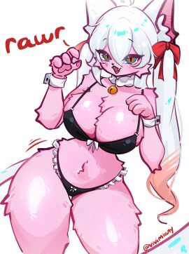 1girls bell bell_collar black_bra black_panties black_underwear bra breasts cat_ears collar feline female furry hair panties pink_fur rawr red_ribbon ribbon ribbons round_breasts twintails underwear vivimiany white_collar white_ears white_hair white_wrist_cuffs wrist_cuffs