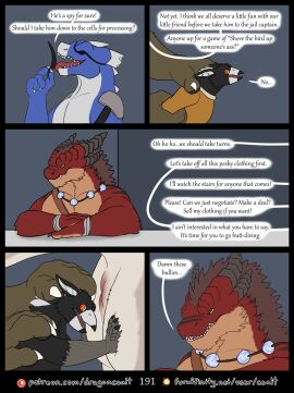 anthro anus ass avian bear bird black_body black_feathers black_horn blue_body broken_horn clothed clothing coalt comic corvid dialogue dragon english_text eye_patch eyewear feathers female five_frame_image fur furaffinity furaffinity_logo furred_dragon furred_scalie grabbing_from_behind green_eyes group hand_on_ass hand_on_butt hi_res horn jewelry kobold licking loose_feather magpie_(corvid) male mammal multi_horn mythological_creature mythological_scalie mythology necklace oscine page_number passerine patreon patreon_logo phyrria red_body red_fur rimentus scalie shirt speech_bubble tan_body tan_fur text tongue topwear url white_body wingless_dragon