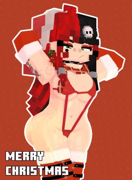 1girls 3d arms_behind_head arms_up armwear bandage bikini breasts choker christmas cleavage ear_piercing ellie_walls_(odysseyellie) female female_only freckles goth goth_girl green_eyes legwear light-skinned_female light_skin long_hair looking_at_viewer mine-imator minecraft multicolored_hair odysseyellie simple_background solo solo_female string_bikini tagme tattoo tattoos