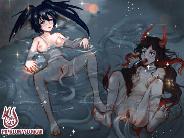 2girls anal black_gold_saw black_hair black_rock_shooter black_rock_shooter_(character) blue_eyes blue_tentacles blush breasts dark_blue_hair dark_red_hair female horns long_hair medium_breasts multiple_females multiple_girls nipples open_mouth oral penetration pool pussy red_eyes red_horns sex spread_legs tentacle tentacle_in_mouth tentacle_penetration tentacle_sex tongue tongue_out translucent_tentacles triple_penetration twintails vaginal_penetration wide_eyed wide_hips yeougui