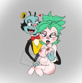 1boy 1girls ahe_gao big_breasts blue_skin breast_grab breasts cartoony doctor_who female green_hair lux_(doctor_who) male mr_ring-a-ding self_insert self_upload toxi_gin watermark