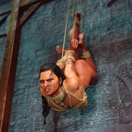 1girls 3d arms_behind_back black_hair bondage bound bound_ankles bound_wrists female nude nude_female original suspension_bondage ultimate-clash