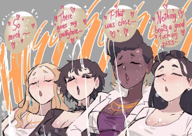 4girls aaliyah_(biku) barbara_(biku) biku black_hair black_shirt blonde_hair blue_earrings blush breasts cleavage closed_eyes collar cropped_jacket cross_earrings dark-skinned_female deborah_(biku) dress earrings elena_(biku) english_text eyewear eyewear_on_head female hoop_earrings jacket large_breasts light-skinned_female long_hair necklace onomatopoeia open_clothes open_jacket open_mouth original peeing peeing_together purple_dress relief relieved shiny_skin shirt short_hair short_jacket speech_bubble spiked_collar sunglasses sunglasses_on_head sweat tank_top text text_bubble white_earrings white_jacket white_shirt white_tank_top