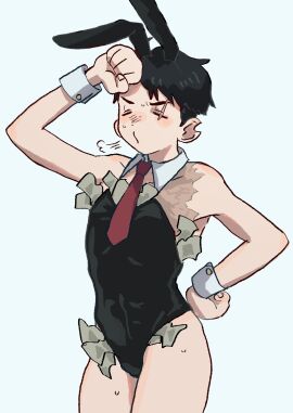 black_hair blush bulge bunny_ears bunnysuit crossdressing detached_collar facial_scar gegege_no_kitarou hand_on_hip iketa kitarou_tanjou_gegege_no_nazo male male_only male_playboy_bunny mizuki_(gegege_no_kitarou) money money_under_clothes necktie scar scar_across_eye scars solo sweat twink wrist_cuffs