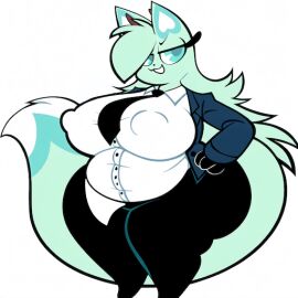 anthro bbw chainsaw_man chikn_nuggit cosplay deadsector fat female melt_(deadsector) power_(chainsaw_man) self_upload slushi_(chikn_nuggit) smug transparent_background