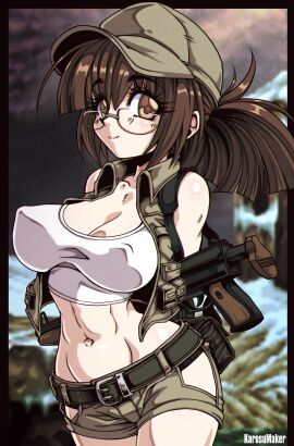 1girls 2022 absurd_res arms_behind_back artist_name belt black_panties breasts brown_eyes brown_hair cleavage covered_nipples cowboy_shot crop_top erect_nipples female fio_germi firearm glasses gun hat hi_res hip_vent hourglass_figure in-game_background karosu-maker looking_at_viewer matching_hair/eyes medium_breasts medium_hair metal_slug midriff navel nipples panty_peek ponytail revealing_clothes rifle short_shorts shorts sidelocks smile snk solo toned toned_female vest weapon wide_hips