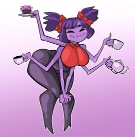 5_eyes 6_arms big_breasts breasts clothing cute dagon789 fangs female fully_clothed gradient_background monster_girl muffet muffin multi_arm multi_eye multi_limb ribbons sfw smile smiley_face spider_girl stockings teapot thick_thighs undertale undertale_(series)