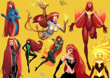 1girls artist_name artist_signature big_breasts black_lipstick bodysuit breasts cleavage english english_text female fire_hair fully_clothed glowing glowing_body glowing_eyes green_eyes hair_fetish jean_grey large_breasts long_hair looking_at_viewer marvel marvel_comics midriff multiple_outfits multiple_poses phoenix_(x-men) red_hair redrollerball superheroine tight_clothing very_long_hair x-men yellow_skin