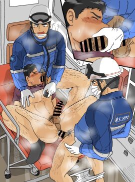 3boys abs ambulance anal anal_insertion anal_juice anal_sex anus_hair asphyxiation balls big_penis black_hair black_socks blowjob blush blushing_profusely bottomless breasts censor_bar censored censored_penis clothes_pull dark_penis double_penetration erection fellatio folded_leg foreskin foreskin_folds gay gloves group helmet hi_res holding_penis huge_cock humping imminent_death imokuma jacket leg_hair lying lying_on_back lying_on_bed male male/male male_only male_penetrated male_penetrating male_penetrating_male male_rape_victim mature_male medical_instrument navel oral oral_penetration oral_sex original original_character paramedic pecs penis penis_bigger_than_head penis_on_face pointless_censoring pubic_hair raw_sex resuscitation retracted_foreskin saliva saliva_trail sex short_hair socks standing steam steaming_body steamy_breath steamy_penis stethoscope stethoscope_to_breast straddling stretcher surgical_mask thick_penis threesome thrusting uncircumcised unconscious uncut underwear_down unprofessional_behavior unretracted_foreskin veiny_penis yaoi