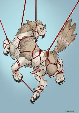 animal_genitalia animal_penis avian beak bondage bound brown_body brown_feathers claws digital_media_(artwork) ears_down erection feathers feral forked_tongue gag gagged genital_piercing genitals gryphon hi_res hybrid line_art male multiple_piercings mythological_avian mythological_creature mythology open_beak open_mouth penile_spines penis penis_piercing piercing pivoted_ears ponynok red_rope restrained restrained_arms restrained_legs restraints rope rope_bondage rope_harness simple_background solo spiked_penis spikes spikes_(anatomy) suspended_in_midair suspension suspension_bondage tied_mouth tongue tongue_piercing white_body white_feathers yellow_eyes