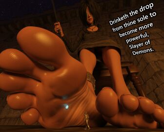 1boy 1girls 3d anttiergod demon's_souls extreme_size_difference eye_covered eye_covering female foot_fetish fromsoftware giantess height_difference larger_female maiden_in_black male micro micro_male size_difference smaller_male video_game_character