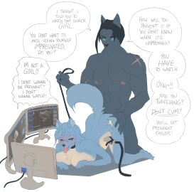 1boy 1girls 2024 after_transformation anthro big_breasts black_hair blue_body blue_fur blue_hair breasts canid canine canis collar computer_monitor corablue dialogue digital_media_(artwork) duo english_text female from_behind_position fur furry genderswap genderswap_(mtf) hair hi_res leash maku_(maku450) male male/female mammal muscular muscular_male open_mouth post-transformation rule_63 sex simple_background tail text tongue tongue_out transformation ultrasound white_background wolf wolf_girl