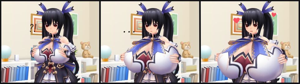 1girls 3d black_hair breast_expansion breast_growth breast_growth_(enlargement) breasts cleavage clothed female hand_on_breasts neptunia_(series) noire red_eyes sequence silverrblade twintails