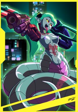 apode areola breasts casual cyberpunk:_edgerunners draconcopode female firearm genitals green_hair gun hair handgun hi_res holding_gun holding_object holding_ranged_weapon holding_weapon humanoid_pointy_ears lamia legless looking_at_viewer machine naga nipples nude open_mouth pale_skin pointy_ears pupils pussy ranged_weapon rebecca_(edgerunners) red_sclera reptile robot scalie serpentine shotgun snake solo split_form tongue tongue_out uncensored weapon wide_hips zedrin