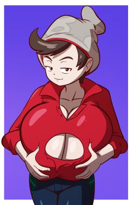 1boy axel-rosered bedroom_eyes big_breasts big_tits breasts breasts_bigger_than_head busty_male cleavage cleavage_cutout cleavage_window grabbing_own_beast huge_breasts huge_tits looking_at_viewer male male_breasts male_cleavage male_only male_tits male_with_breasts pokemon presenting_breasts solo solo_male victor_(pokemon)