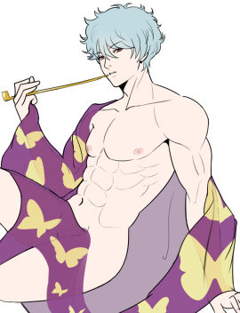 gintama gintoki_sakata japanese_clothes kimono kiseru light-skinned_male light_blue_hair light_skin looking_at_viewer male male_only muscular muscular_male pale-skinned_male pale_skin partially_clothed peach999island red_eyes smoking smoking_pipe solo wearing_others_clothes white_hair