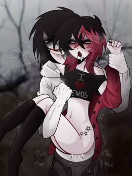 2boys black_eyes black_hair black_socks blue_eyes cardigan clothed_sex creepypasta crop_top drooling emo emo_boy femboy forest holding_legs jacket jeff_the_killer male male_only moaning monster_on_femboy nightmare_husbando oc_x_canon open_mouth pale_skin piercing red_hair rotten rotten4c self_insert self_upload smiling split-color_hair stockings submissive tattoo twink white_hoodie