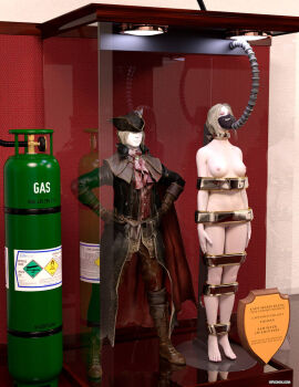 1girls 3d bloodborne bound bound_arms bound_legs female female_only full_body lady_maria_of_the_astral_clocktower mannequin nude nude_female solo thejpeger trophy_case unconscious unconscious_female white_hair