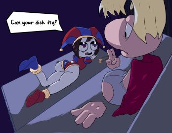 1boy 1girls ass ass_focus captain_laserhawk:_a_blood_dragon_remix crack_pairing crack_ship crackship crossover digital_circus english_text female female/male glitch_productions gooseworx jester jester_girl laying_down laying_on_floor laying_on_ground male male/female netflix pomni pomni_(tadc) pomni_(the_amazing_digital_circus) rayman rayman_(series) rayman_eating_sushi shitpost sitting sitting_on_couch sushi tadc the_amazing_digital_circus ubisoft underwear