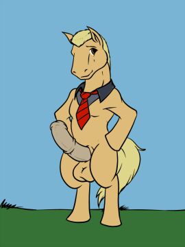animal_genitalia animal_penis anthro balls brown_eyes equid equine equine_genitalia equine_penis erection fur genitals grass horse male mammal medial_ring necktie pandottermon penis plant sky solo standing tail tan_body tan_fur yellow_tail