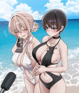 2girls beach big_breasts black_hair blonde_female blonde_hair blue_eyes blush breasts choker closed_eyes female gwan-e hair_bun hair_ornament highleg highleg_swimsuit interview light-skinned_female microphone milf mother mother_and_daughter navel one-piece_swimsuit open_mouth original original_character phone short_hair sideboob smile swimsuit swimwear tattoo tomboy tsukasa_erin tsukasa_karin wet wet_body