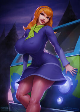 2d 2d_(artwork) 2d_artwork artist_name artist_signature barretxiii big_breasts big_lips bimbo breasts busty car daphne_blake erect_nipples female female_only hanna-barbera hourglass_figure large_breasts long_hair makeup mystery_machine night nipple_bulge nipples pinup purple_eyes purple_nails red_hair red_lipstick scarf scooby-doo tagme thick_thighs van watermark wide_hips