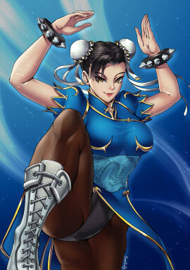 1girls artist_signature asian asian_female bangs black_hair boots bracelet capcom chun-li female fighting_stance gold_eyes hair_bun kicking leg_up light-skinned_female light_skin pantyhose smile spiked_bracelet street_fighter street_fighter_ii thotlerrr tights treartz