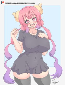 1girls big_breasts blush breasts breasts_bigger_than_head chrissursilversoul dragon_girl female hand_on_breast ilulu_(dragon_maid) miss_kobayashi's_dragon_maid multicolored_hair nipple_bulge nipples_visible_through_clothing red_eyes red_hair shortstack simple_background small_waist thick_thighs wide_hips